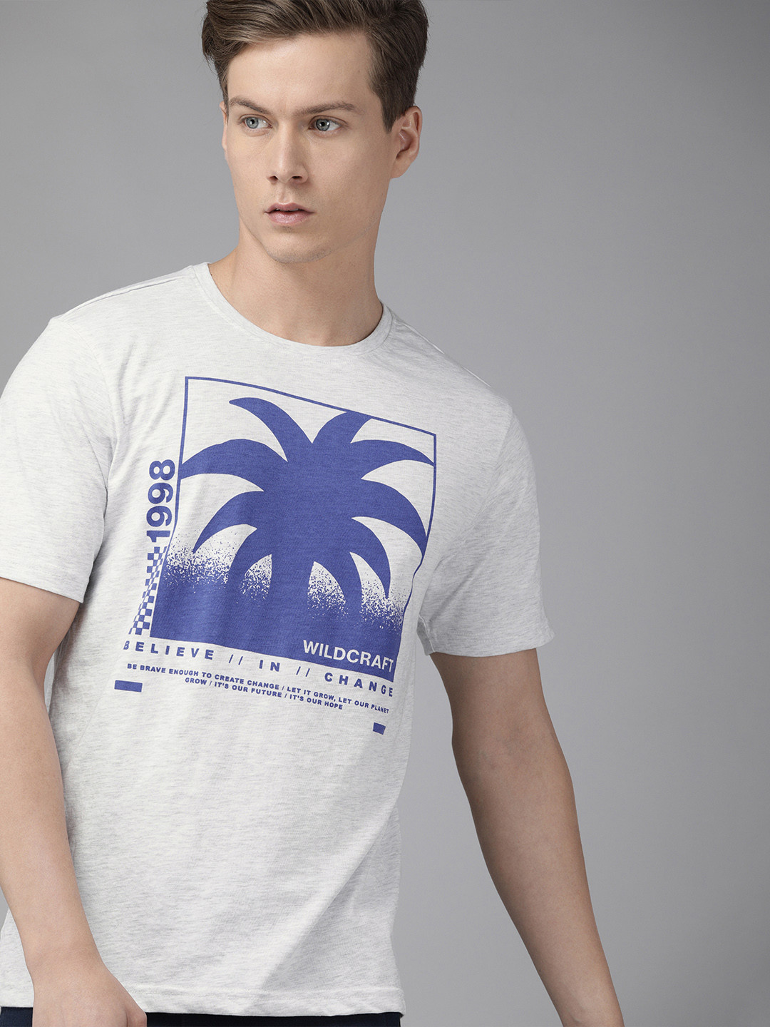 Wildcraft Men Grey Melange Printed Off Active Crew 2 Round Neck T-shirt