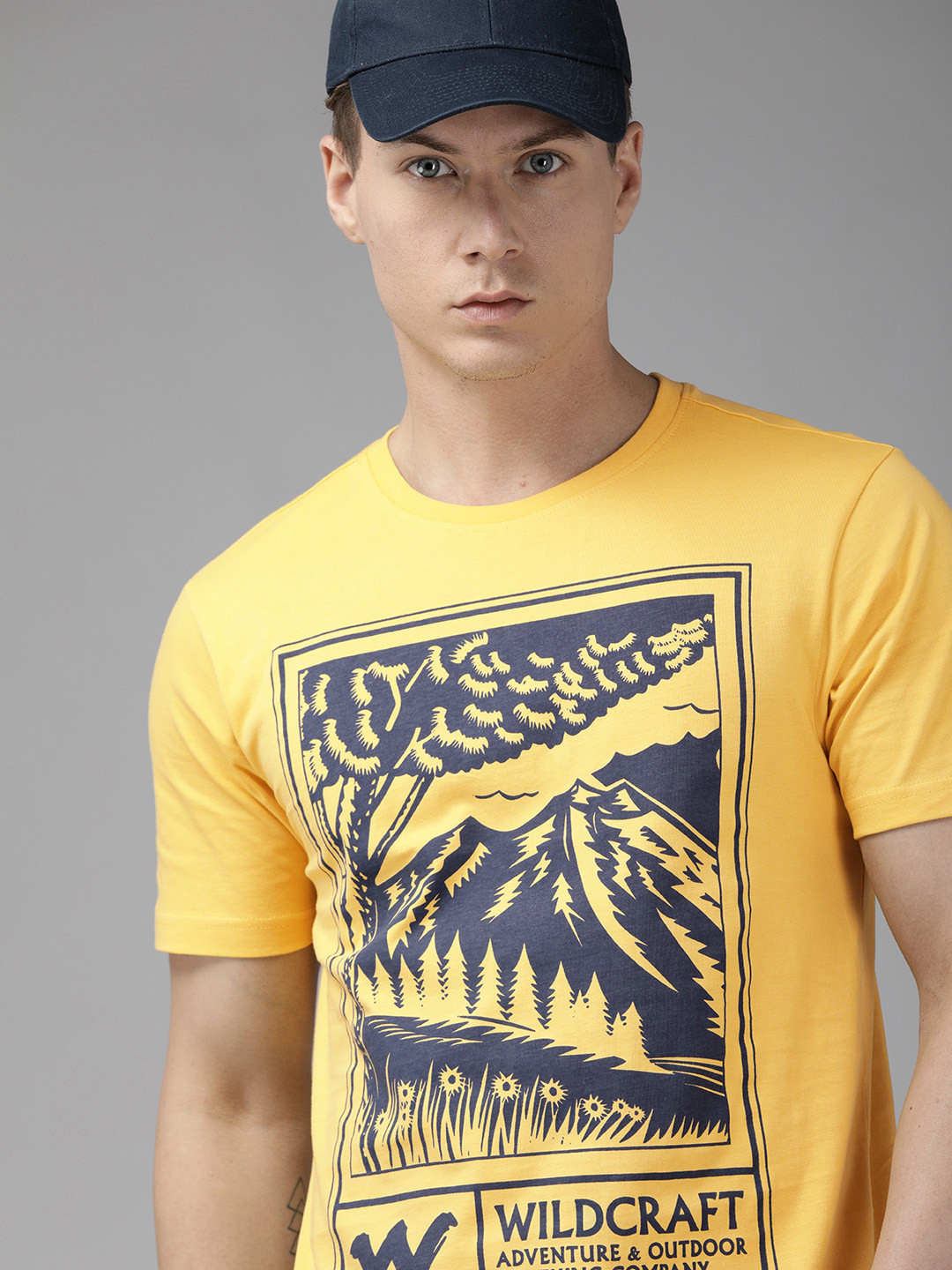 Wildcraft Men Yellow  Black Printed Round Neck Pure Cotton T-shirt