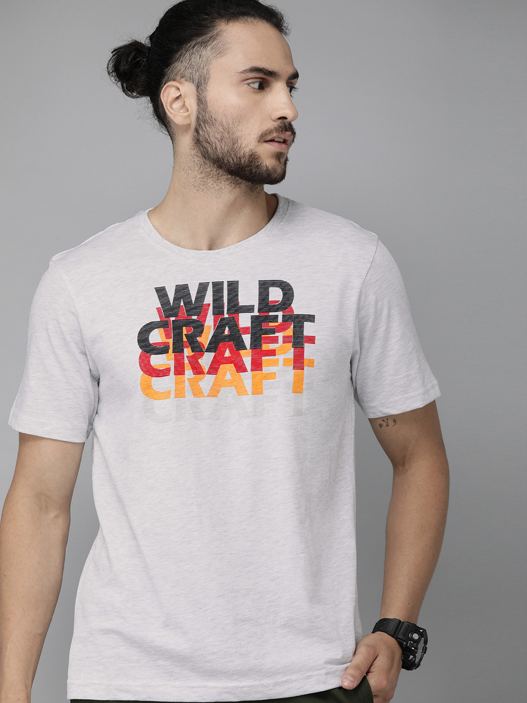 Wildcraft Men Grey Printed Off Active Crew 5 Pure Cotton Round Neck T-shirt