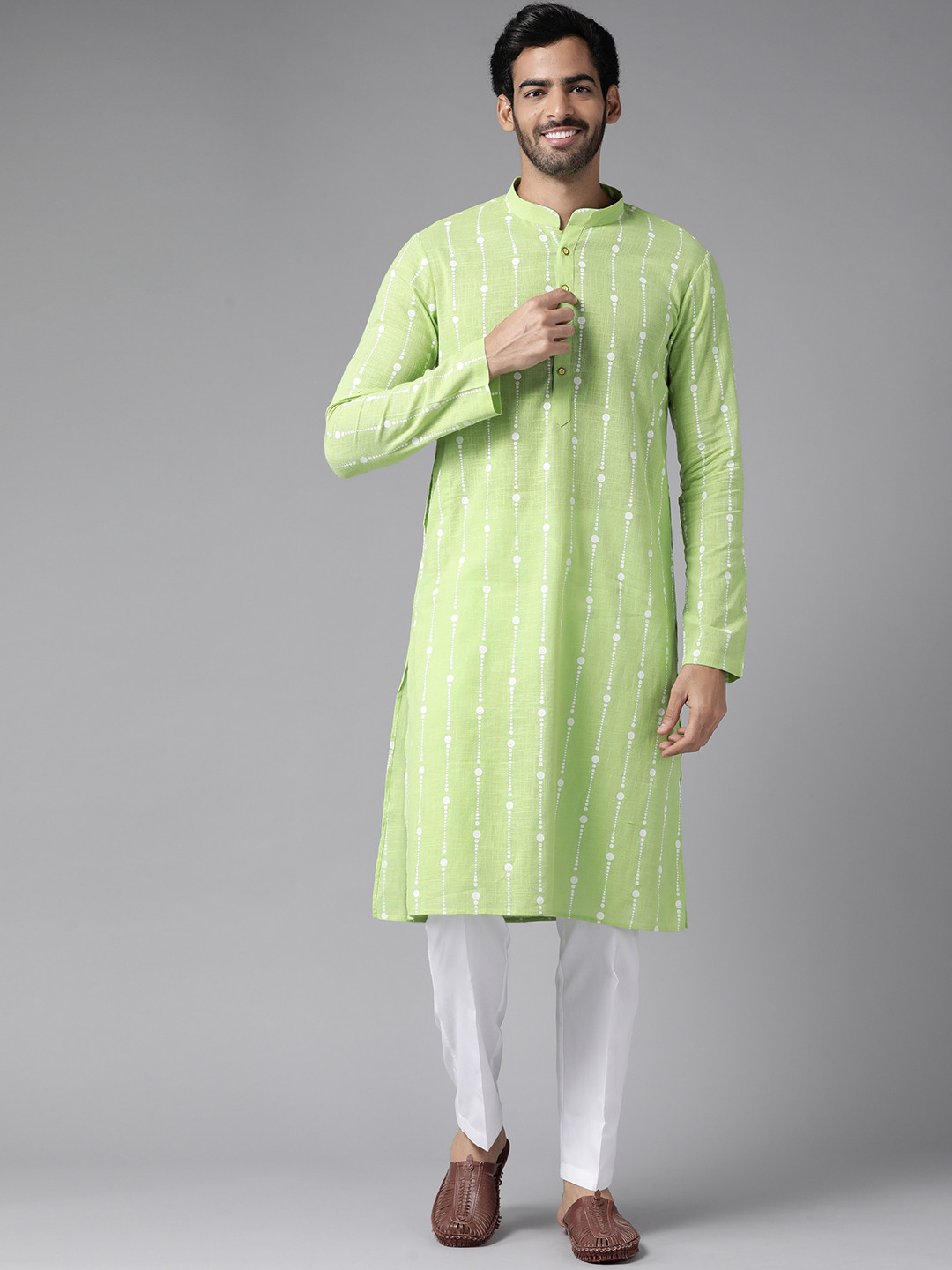 See Designs Men Lime Green & White Pure Cotton Printed Kurta with Pyjamas