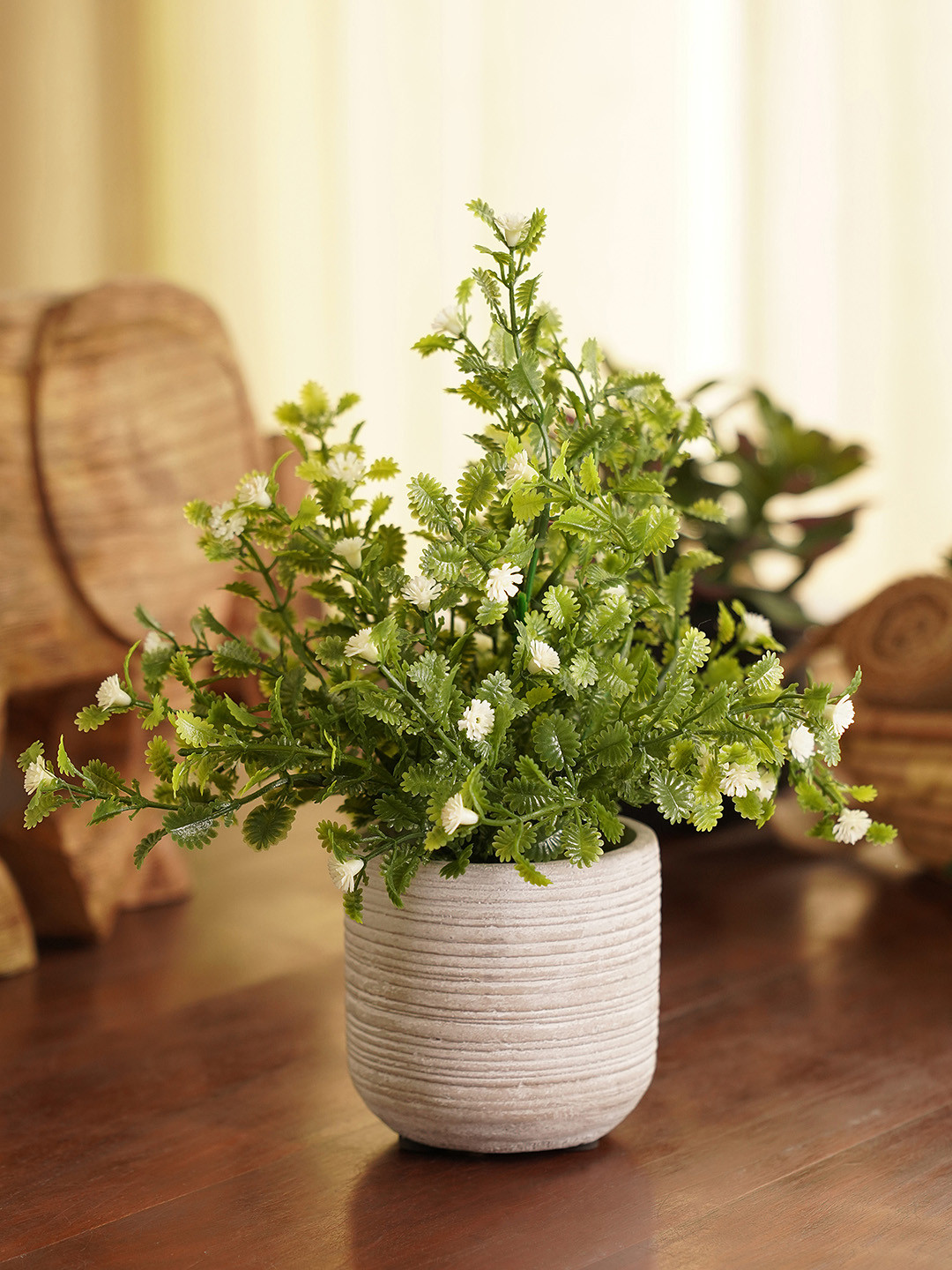 Pure Home and Living Green & White Large Potted Artificial Plant With Cement Pot