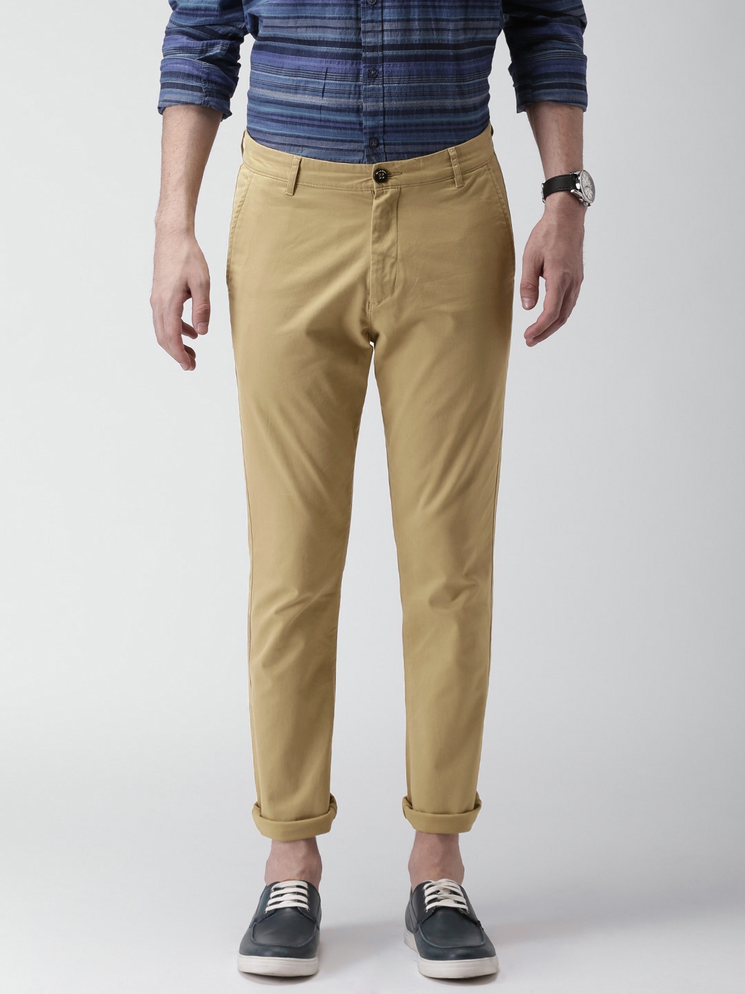 Buy Mast  Harbour Khaki Slim Differential Length Flat Front Casual Trousers   Trousers for Men 1368644  Myntra