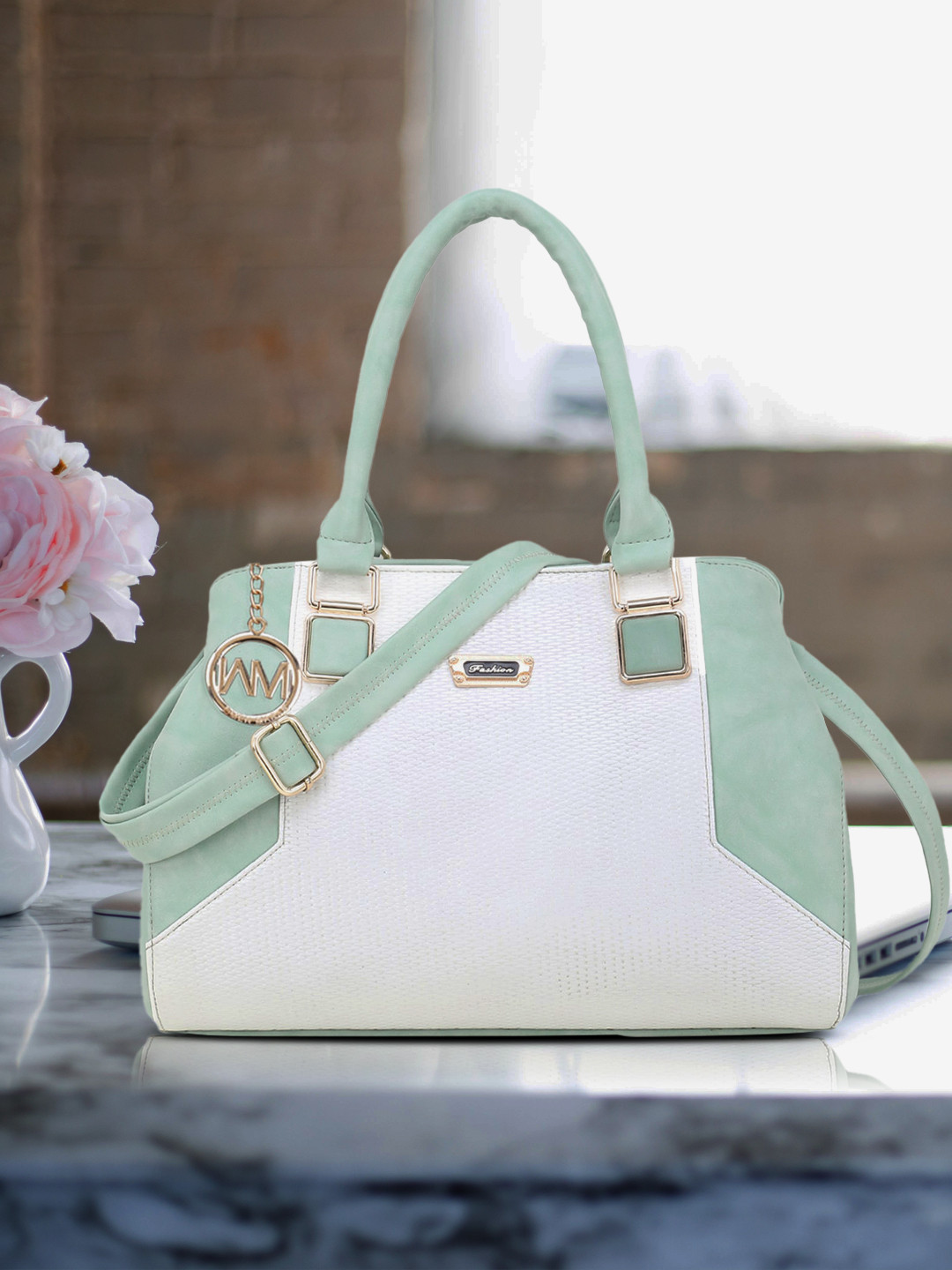 WOMEN MARKS White & Sea Green Colourblocked Handheld Bag