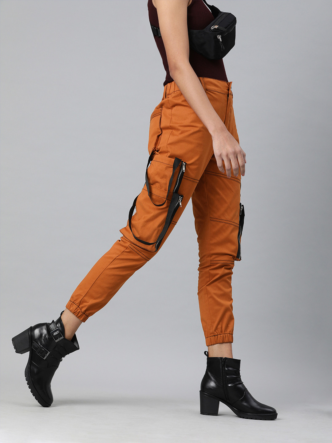 KASSUALLY Women Rust Orange Slim Fit Solid Cargo Joggers