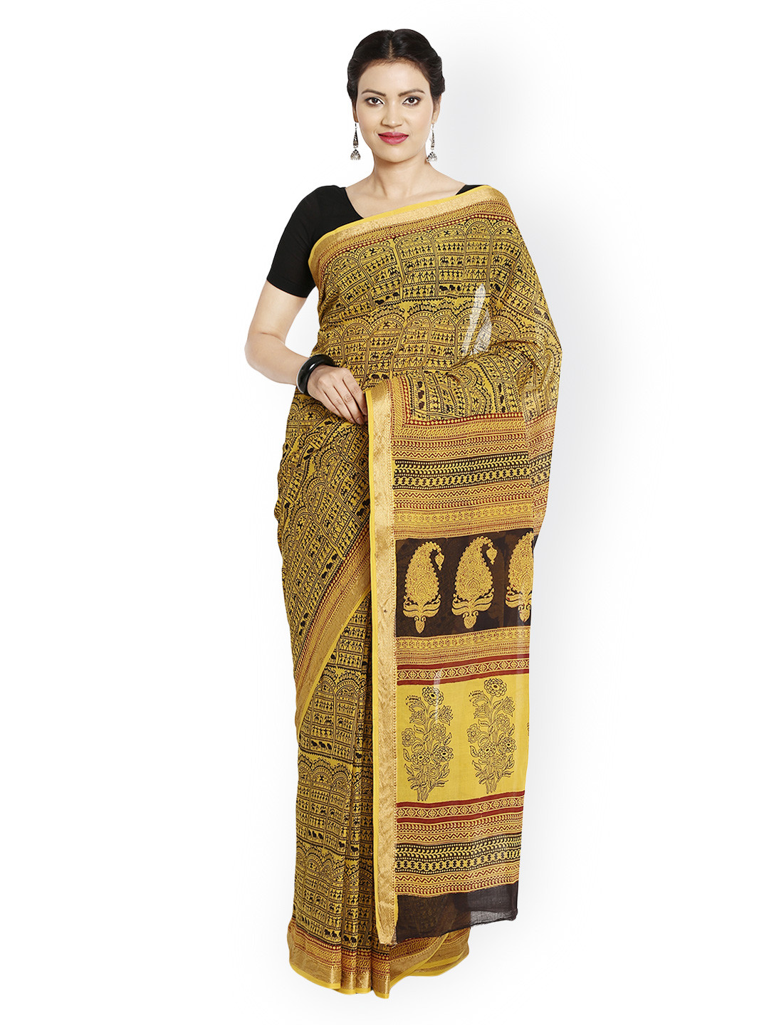 Kalakari India Yellow Bagh Handblock Print Handcrafted Cotton Sustainable Saree