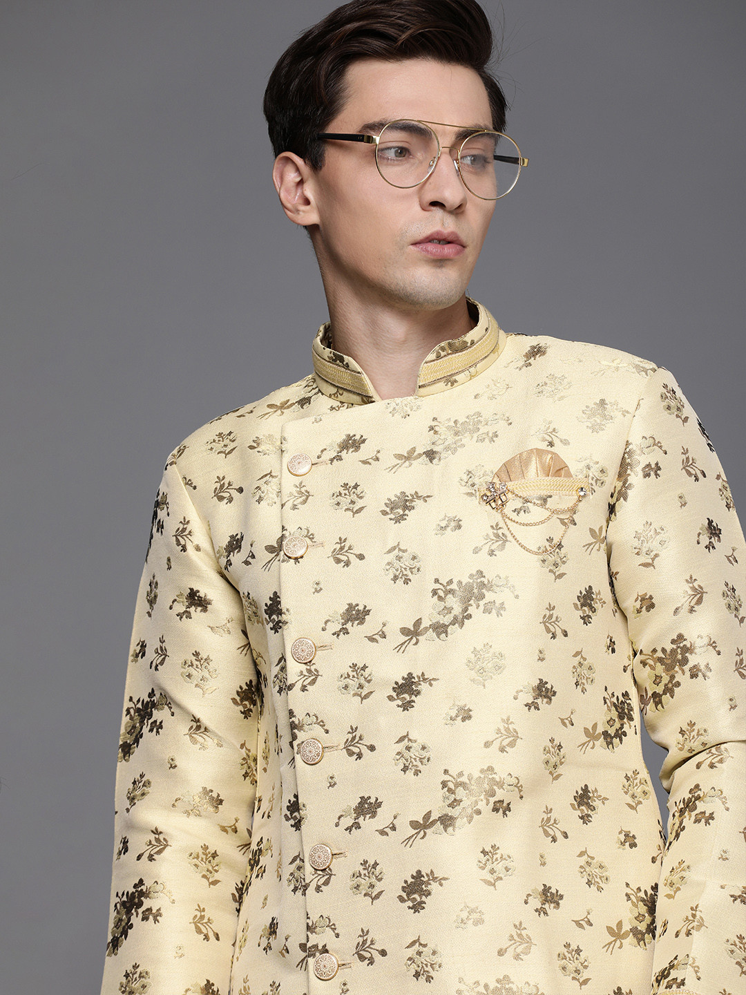 Manyavar Men Beige Ethnic Motifs Self Design Kurta with Dhoti Pants