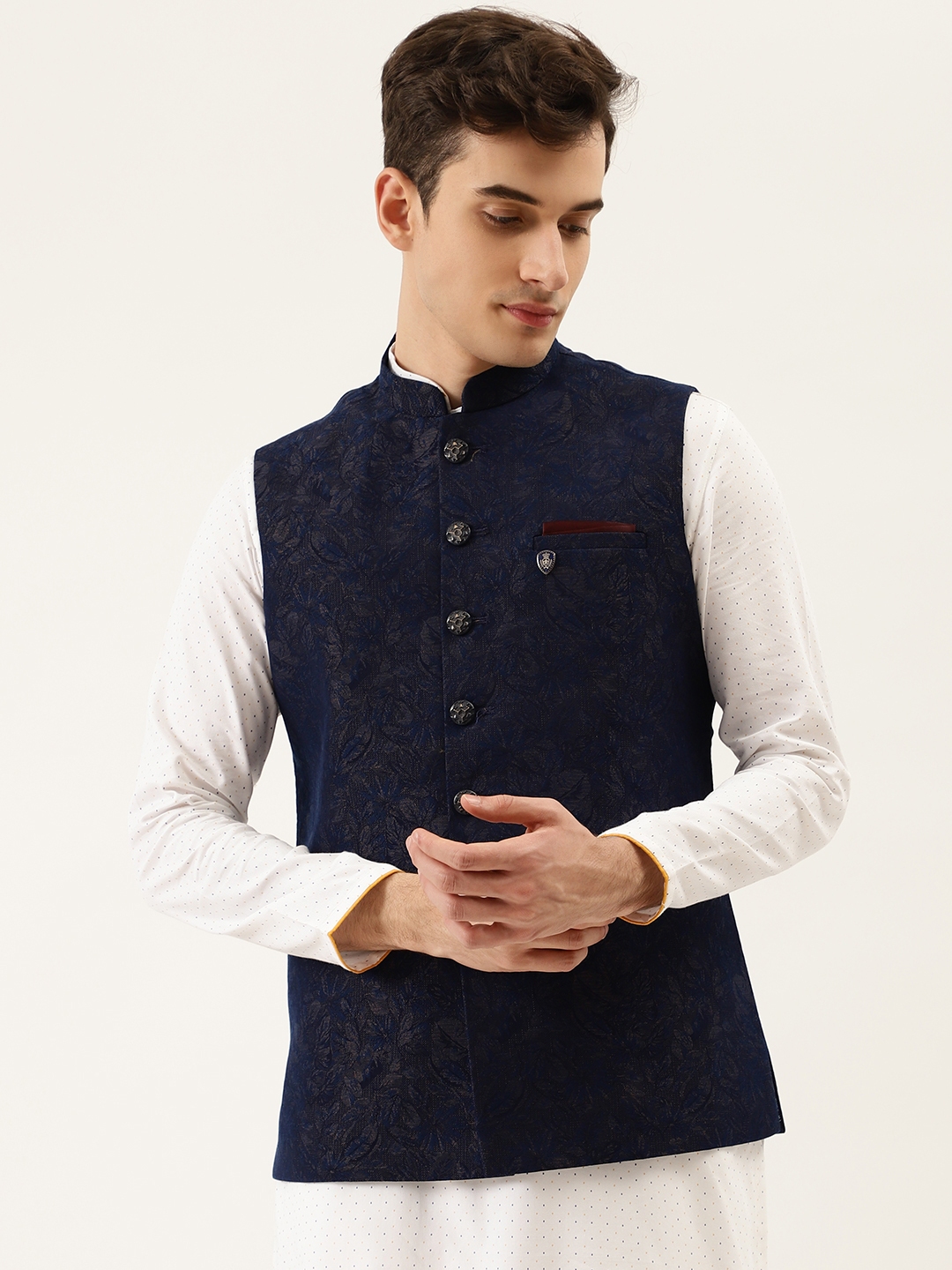 Buy Manyavar Men Navy Blue Golden Floral Woven Design Nehru Jacket with Brooch Nehru Jackets for Men 13699876 Myntra