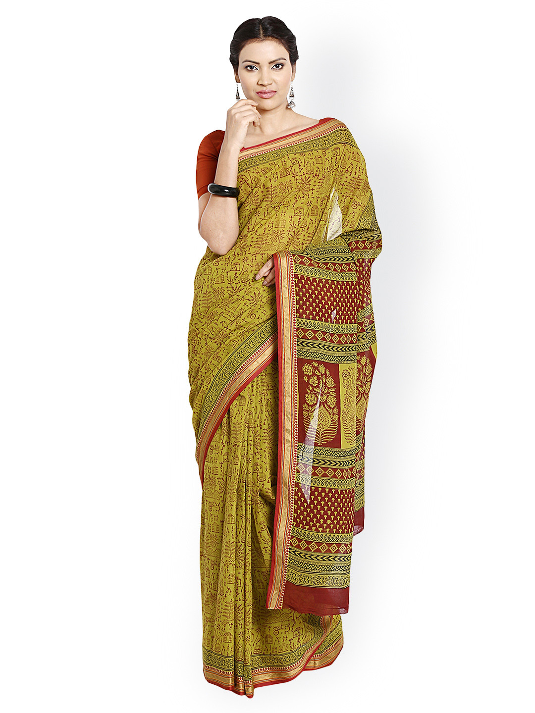 Kalakari India Green Bagh Handblock Print Handcrafted Cotton Saree