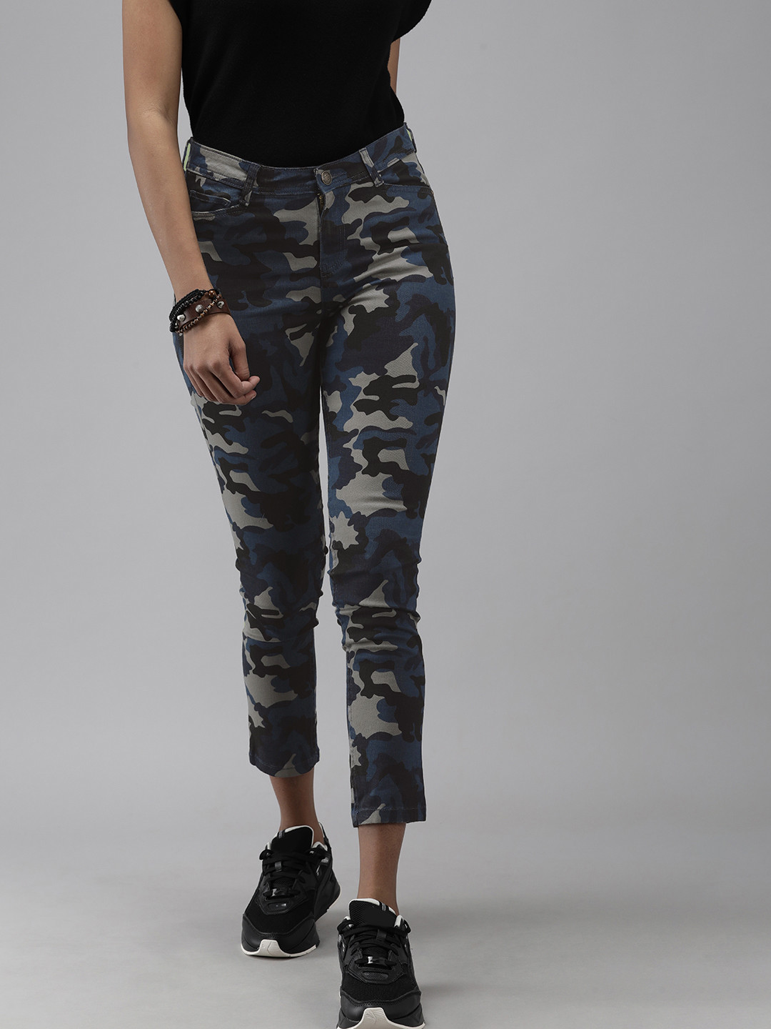 Roadster Women Teal Blue Camouflage Printed Slim Fit Chinos Trousers