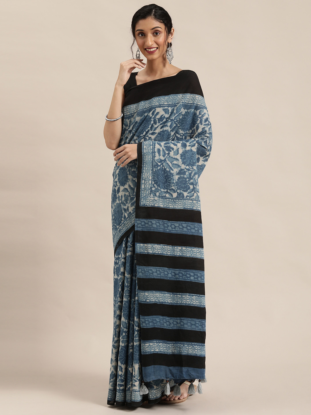 Geroo Jaipur Blue and Black Indigo Bagru Hand Block Printed Pure Cotton Sustainable Saree