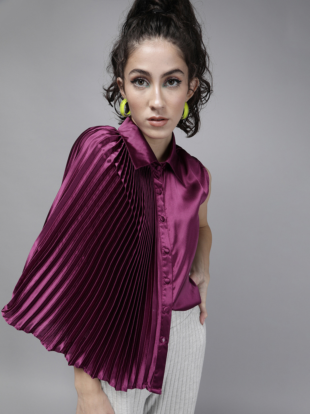 The Dry State Purple Accordion Pleated Sleeves Accordion Pleats Satin Shirt Style Top