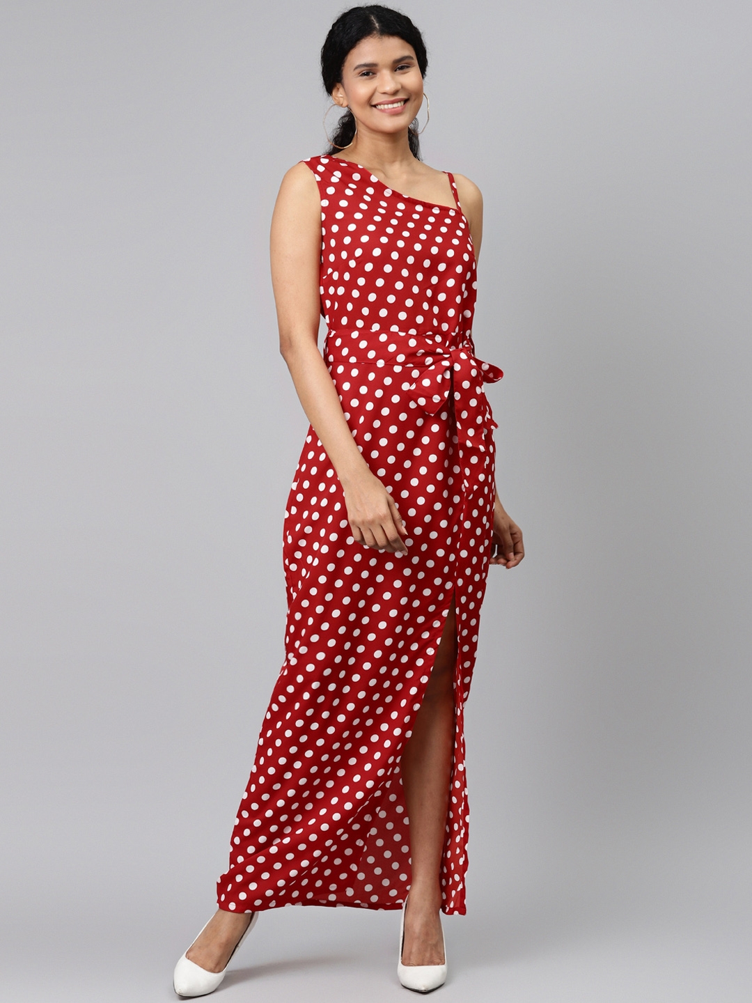 SIRIKIT Women Red   White Polka Dots Print One Shouldered Maxi Dress with Tie up