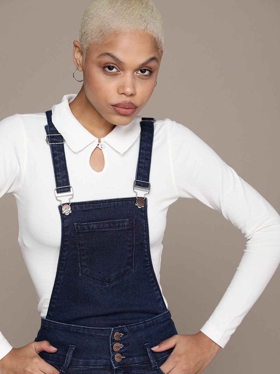 Roadster Women Blue Solid Twofer Takes Dungarees