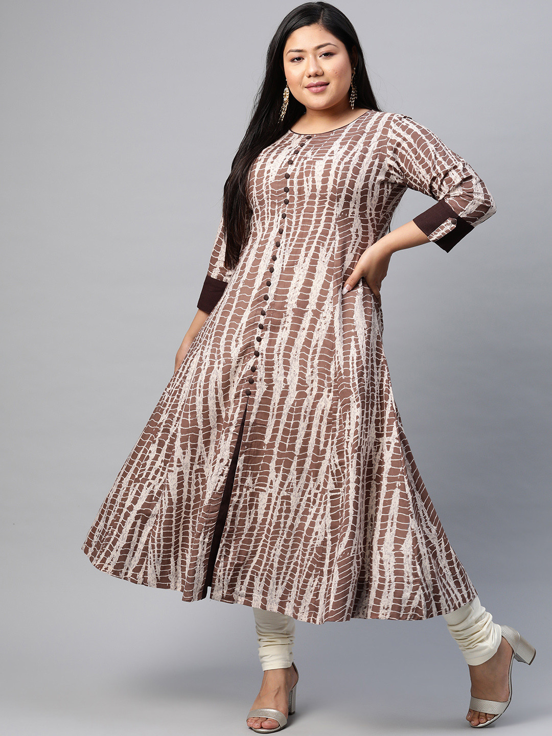YASH GALLERY Women Plus Size Brown & Beige Anarkali Kurta