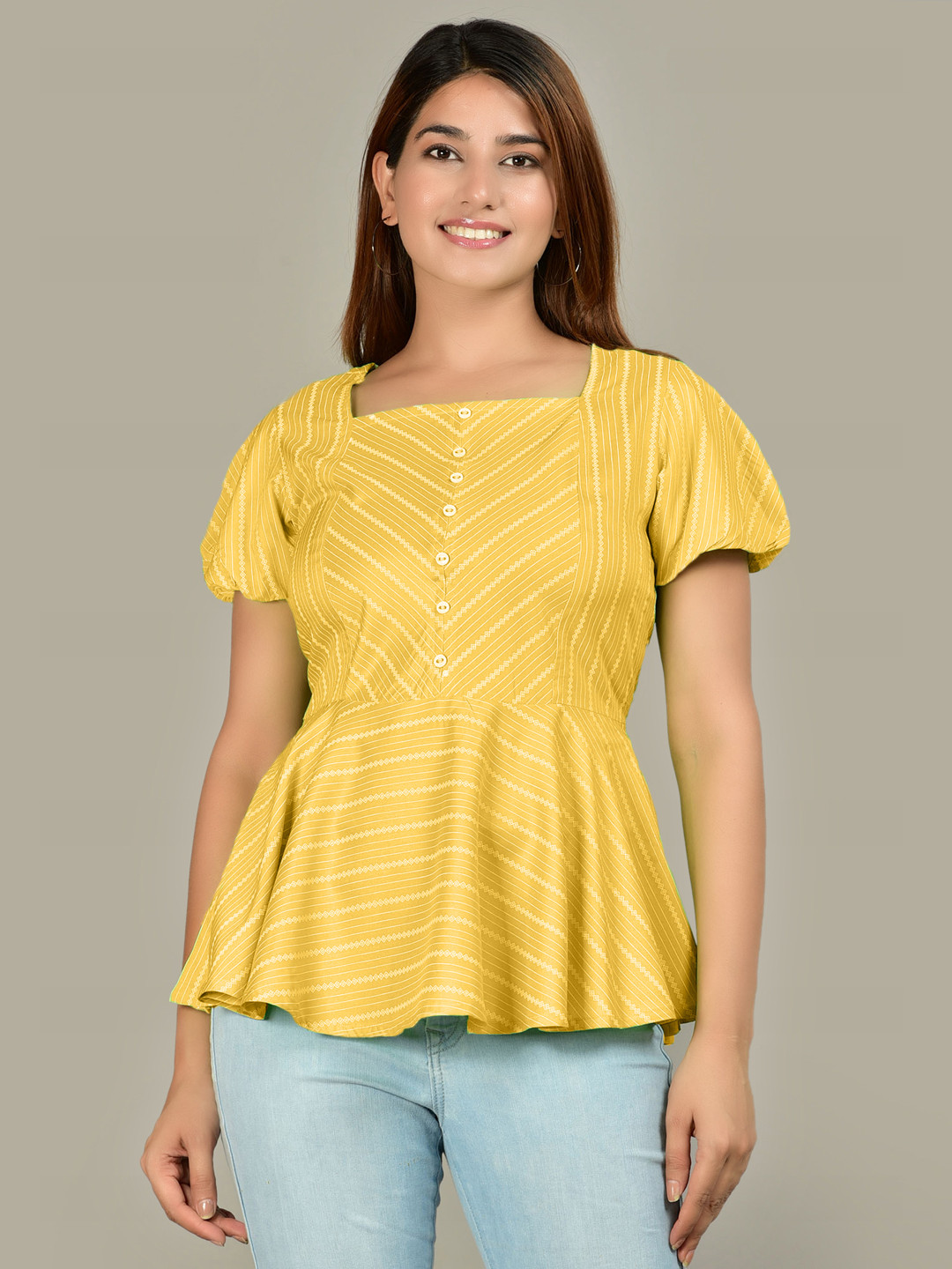YASH GALLERY Mustard Yellow & White Geometric Print A-Line Top