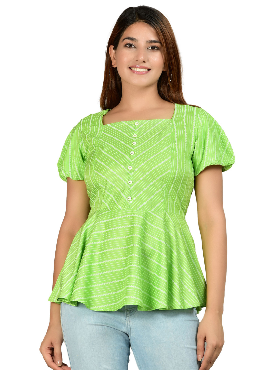 YASH GALLERY Green & White Geometric Print A-Line Top