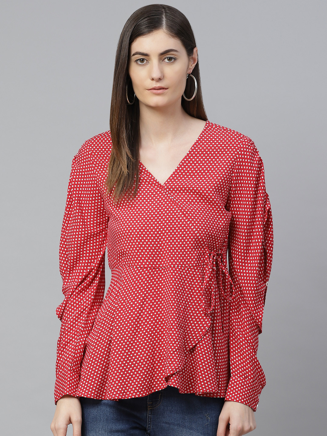 YASH GALLERY Red & White Polka Dot Printed Slit Sleeves Layered Tie-Up Detail Wrap Top