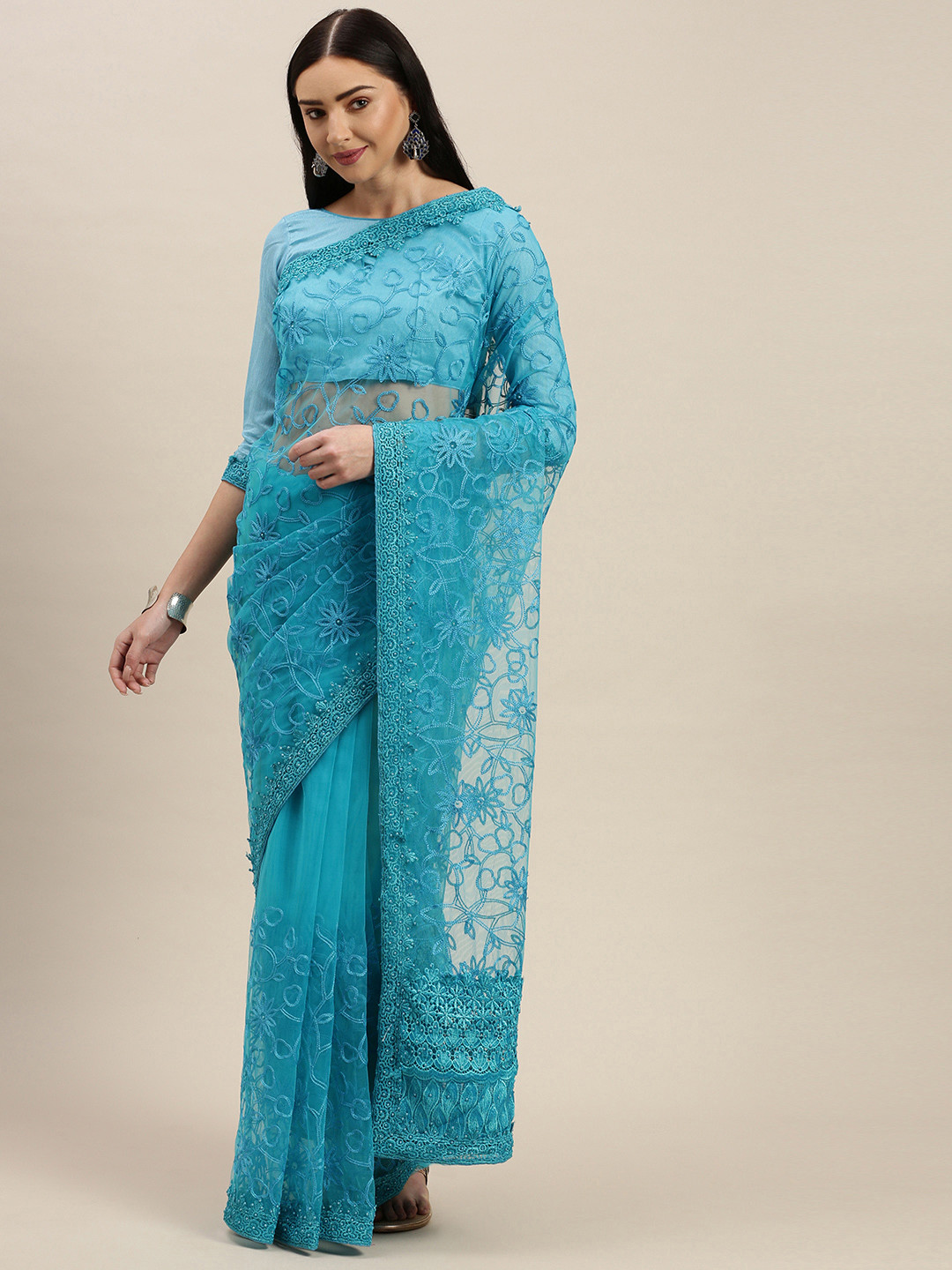 Mitera Turquoise Blue Embellished Net Saree