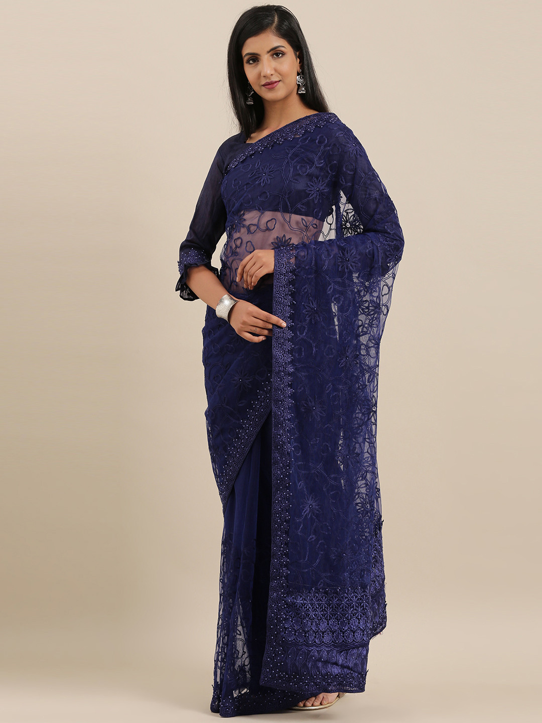 Mitera Navy Blue Net Embroidered Saree