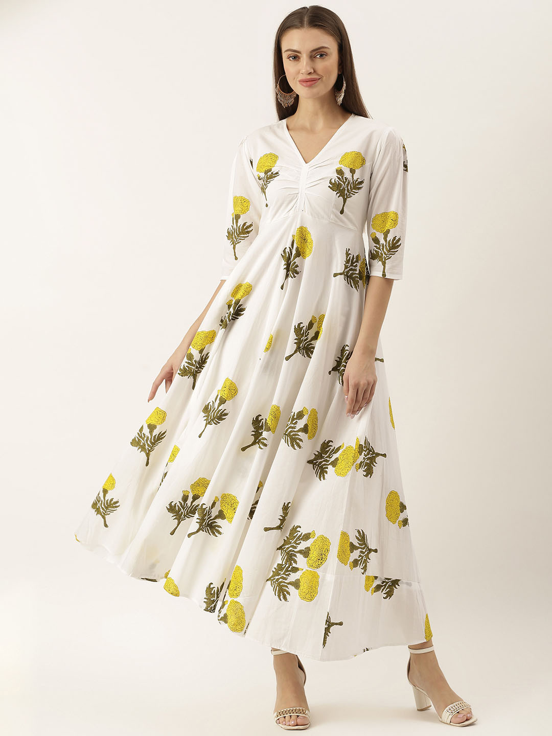 Lavanya The Label Women White & Yellow Pure Cotton Floral Print Maxi Dress
