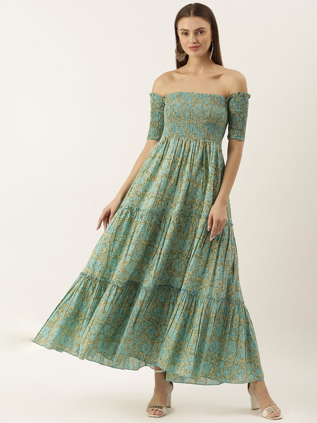 Lavanya The Label Women Blue Pure Cotton Floral Print Off-Shoulder Tiered Maxi Dress