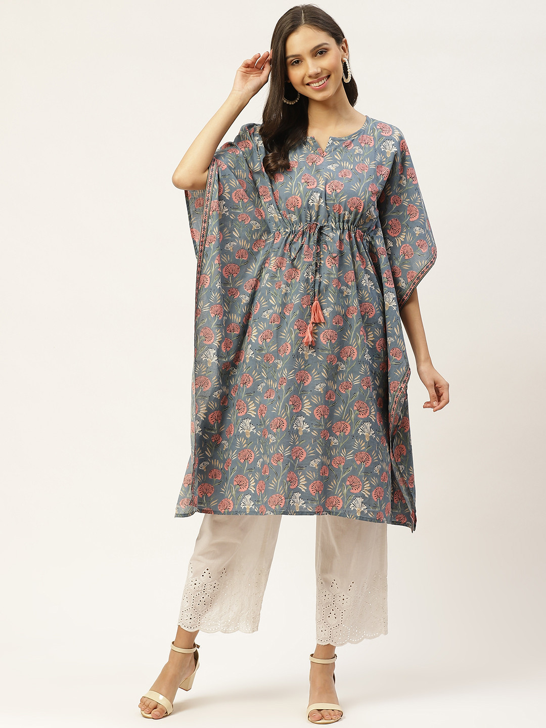 Maaesa Women Blue & Peach-Coloured Ethnic Motifs Hand Printed Tie-Up Cotton Kaftan Kurta