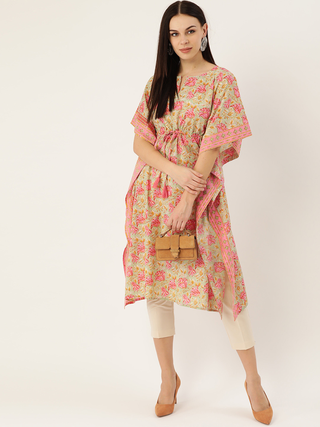 Maaesa Women Green & Pink Ethnic Motifs Hand Printed Tie-Up Cotton Kaftan Kurta