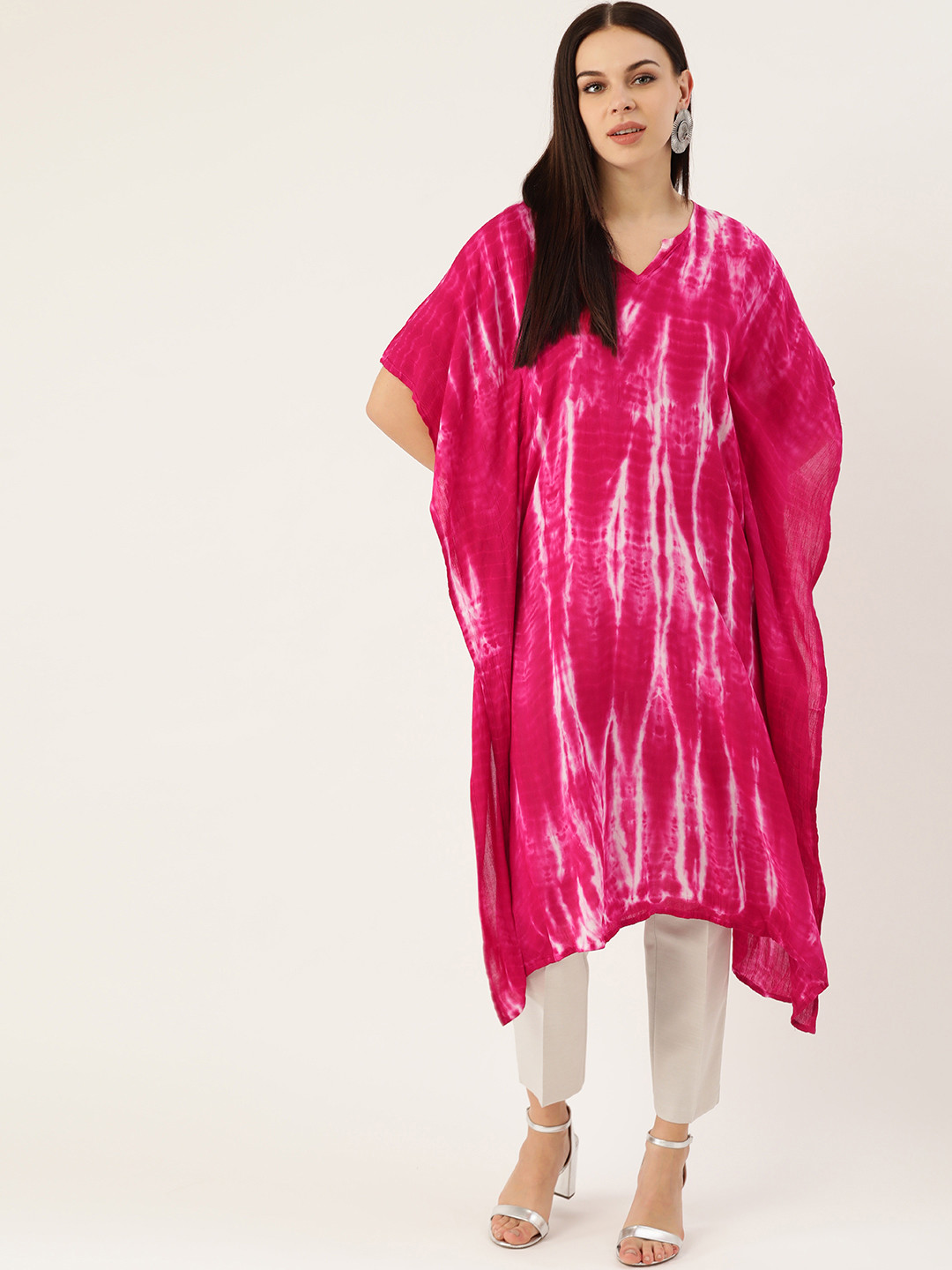 Maaesa Women Pink & White Hand Dyed Asymmetric Kaftan Kurta