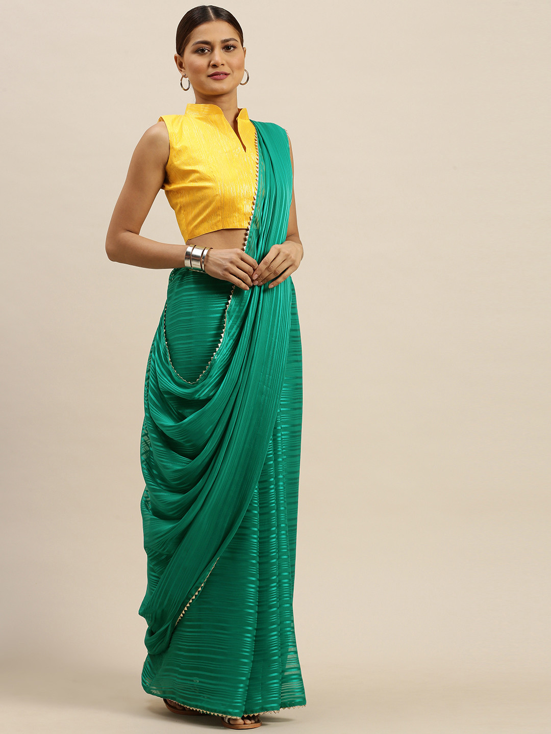 Saree mall Green Georgette Striped Mysore Silk Saree