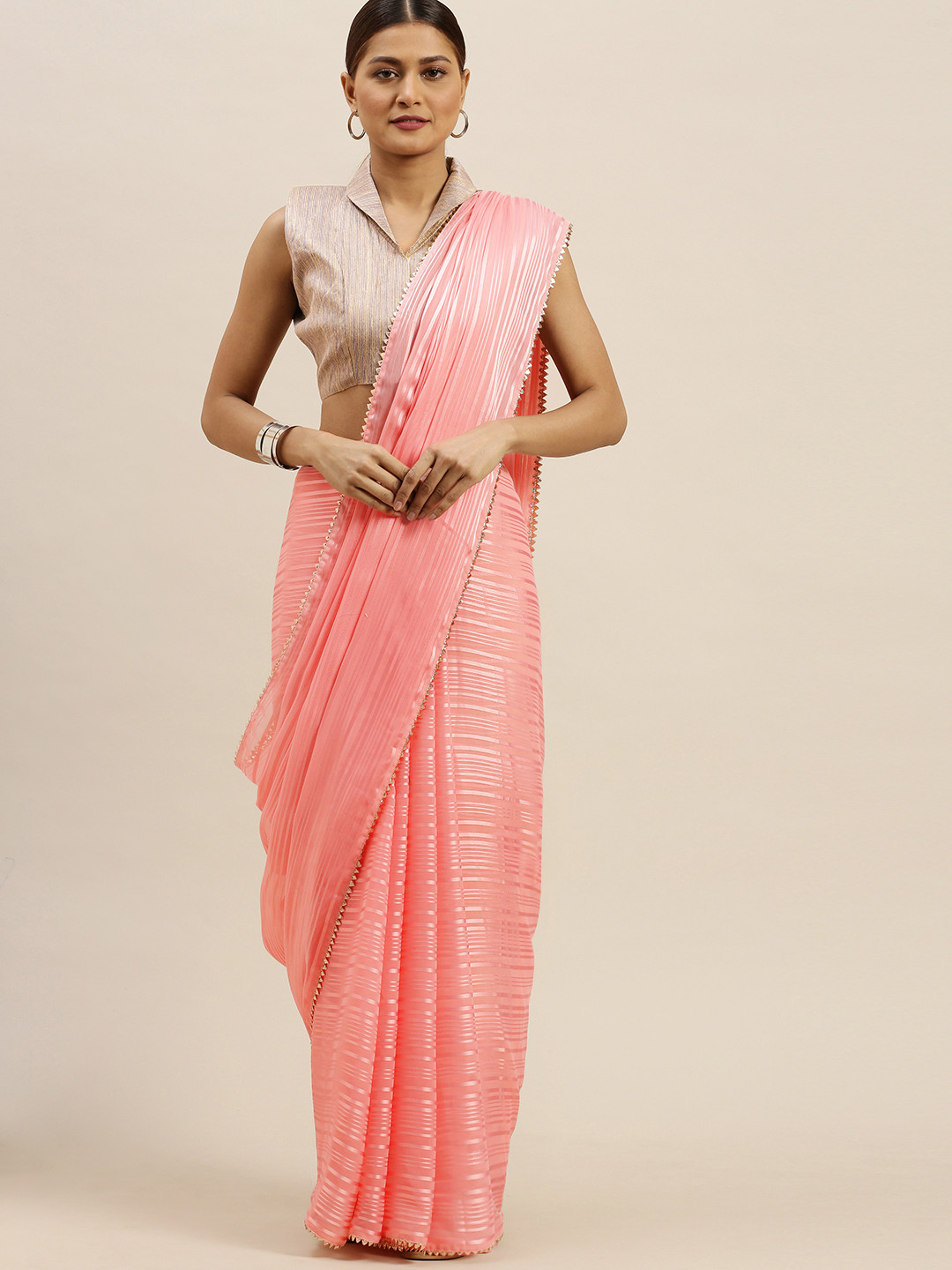 Saree mall Pink Pure Georgette Striped Mysore Silk Saree