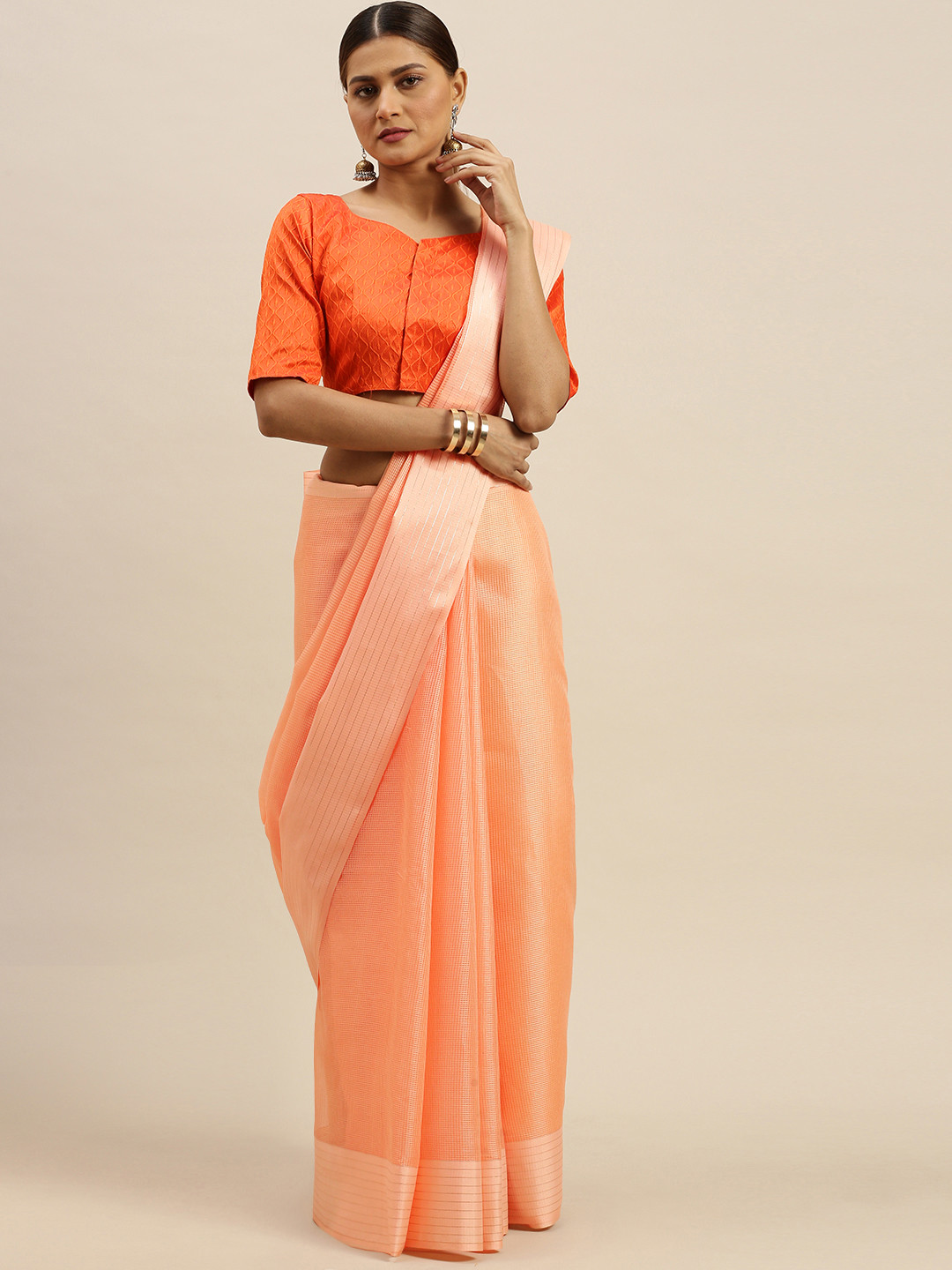 Saree mall Peach-Coloured Fancy Net Solid Mysore Silk Saree