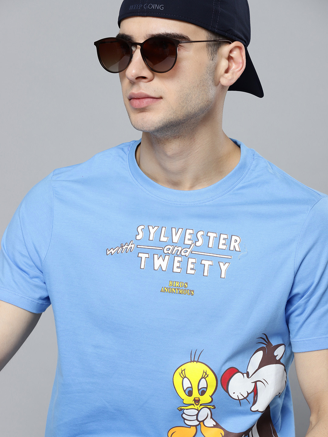 Kook N Keech Looney Tunes Men Blue  White Pure Cotton Sylvester  Tweety Print Pure Cotton T-shirt