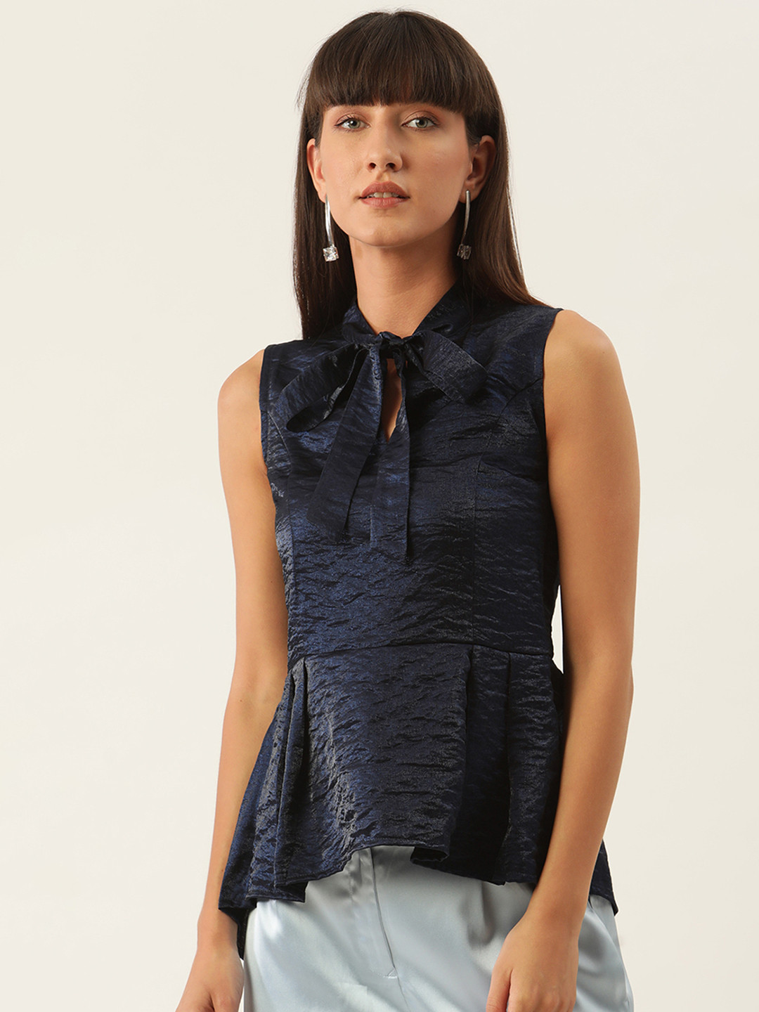 ZOELLA Navy Blue Tie-Up Neck Peplum Top