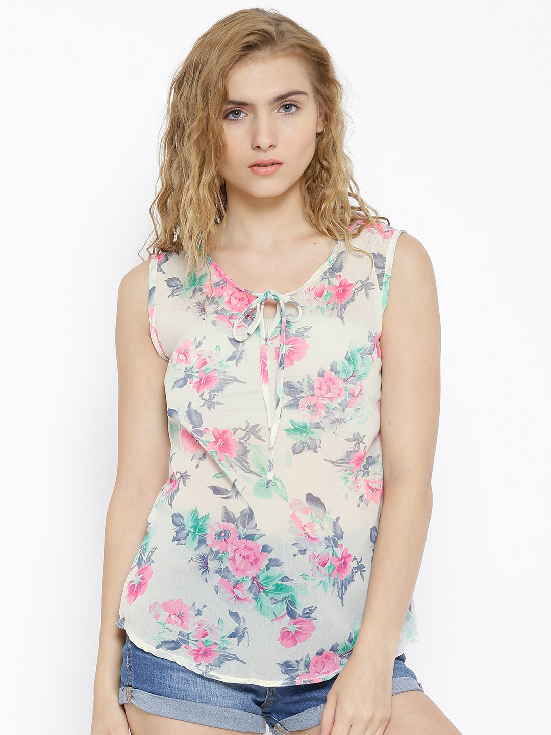 Sera Off-White Floral Print Sheer Polyester Top