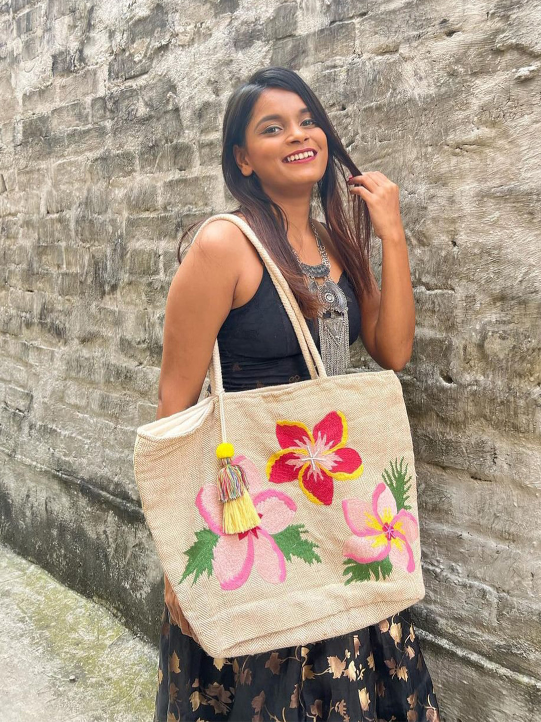 ASTRID Beige & Red Floral Printed Cotton Jute Tote Bag