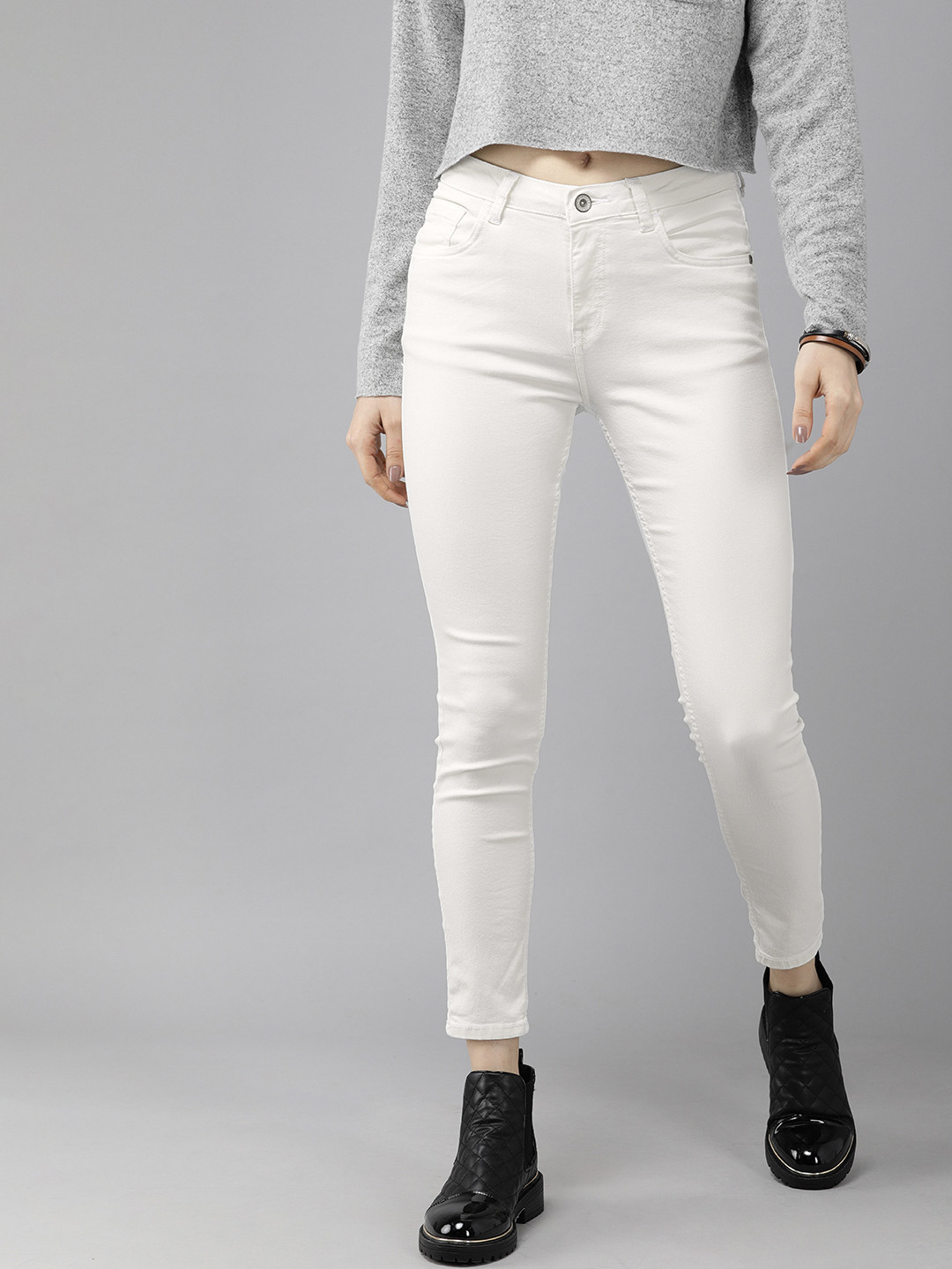 Roadster Women White Skinny Fit Mid-Rise Cropped Stretchable Jeans