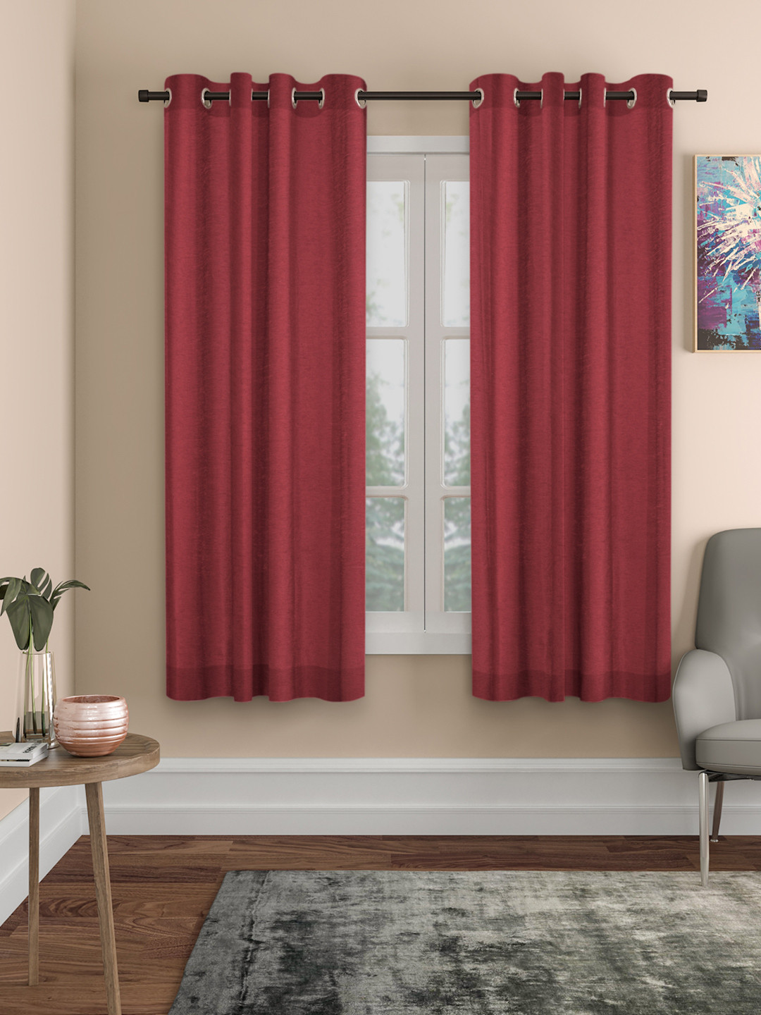 ROSARA HOME Maroon Set of 2 Solid Window Curtains