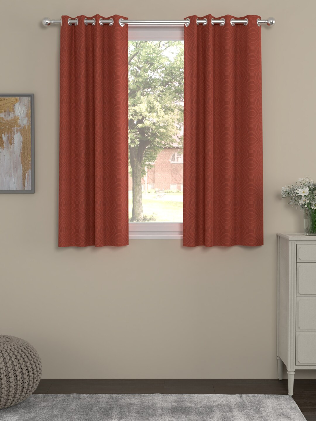 ROSARA HOME Set of 2 Rust Brown Self Design Window Curtains