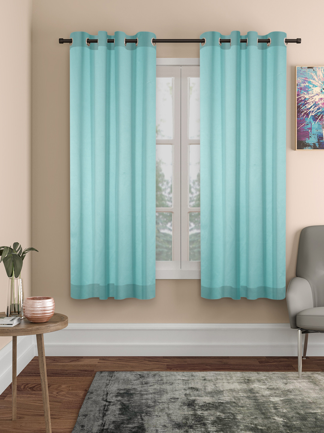 ROSARA HOME Sea Green Set of 2 Solid Black Out Window Curtains