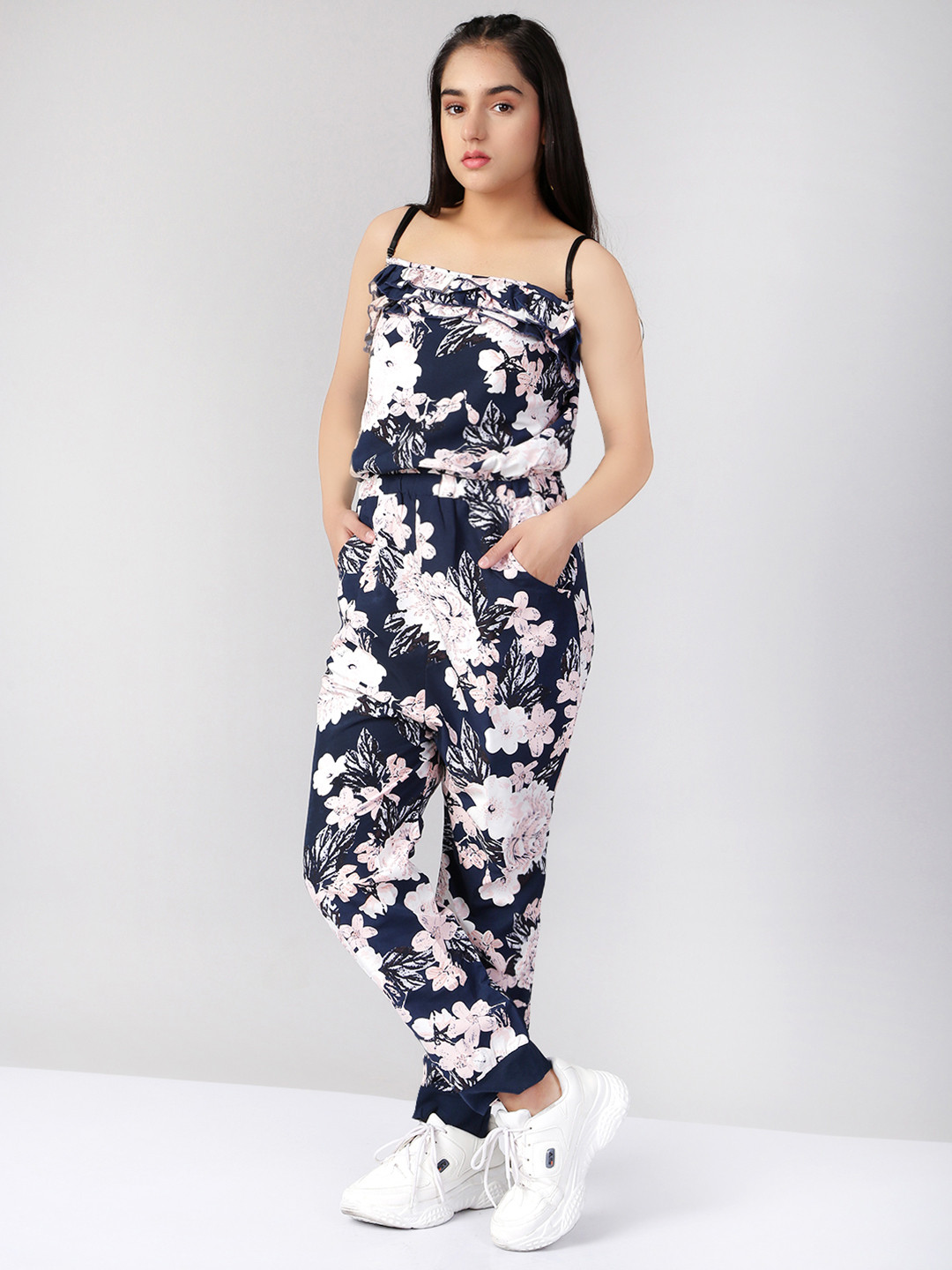 Naughty Ninos Girls Navy Blue & White Printed Basic Jumpsuit