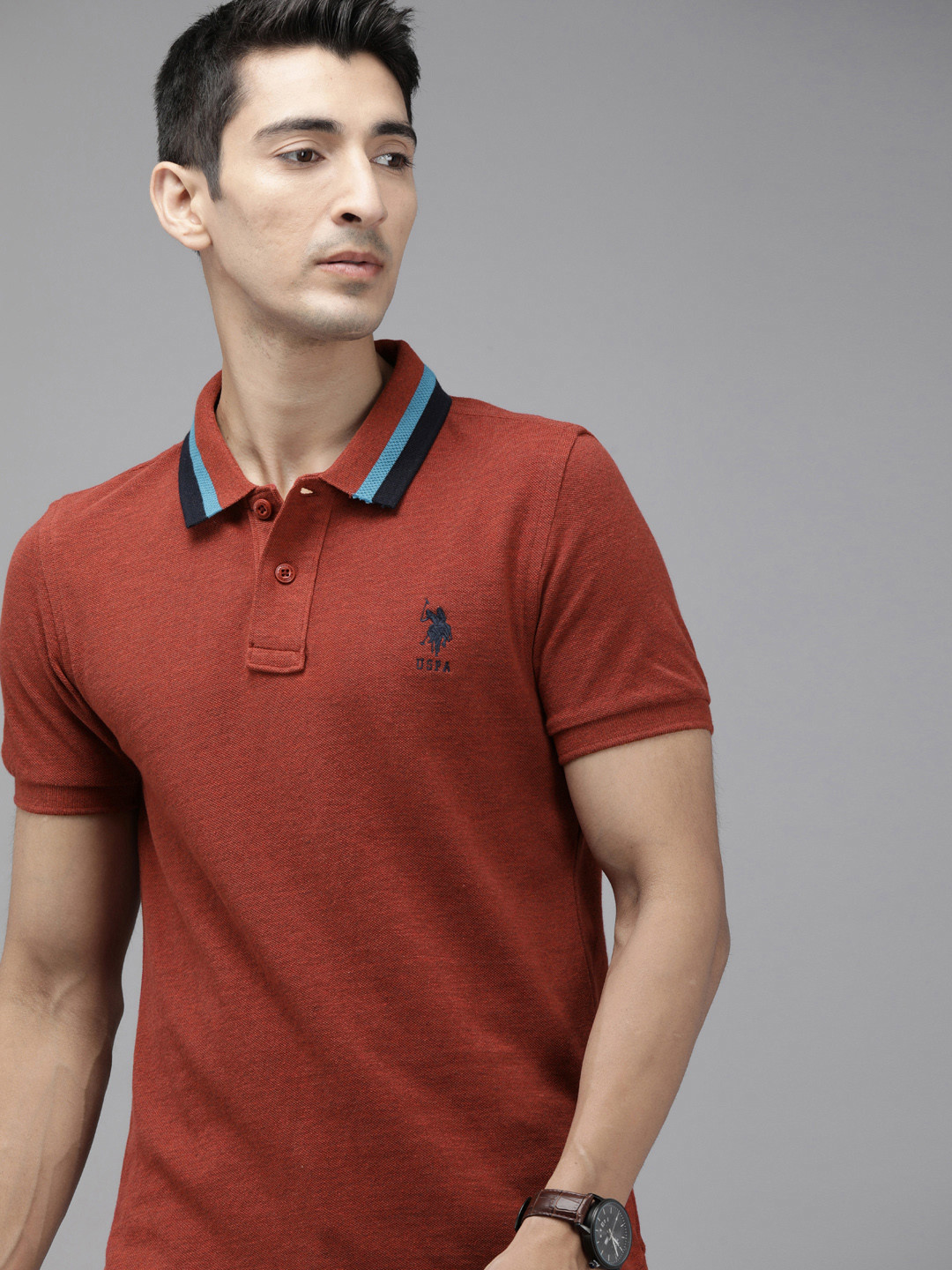 U.S. Polo Assn. Men Maroon Solid Polo Collar T-shirt with Brand Logo Applique Detail