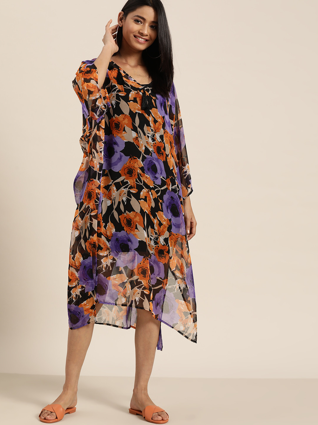 Qurvii Women Black & Orange Sheer Floral Printed Asymmetric Kaftan Dress