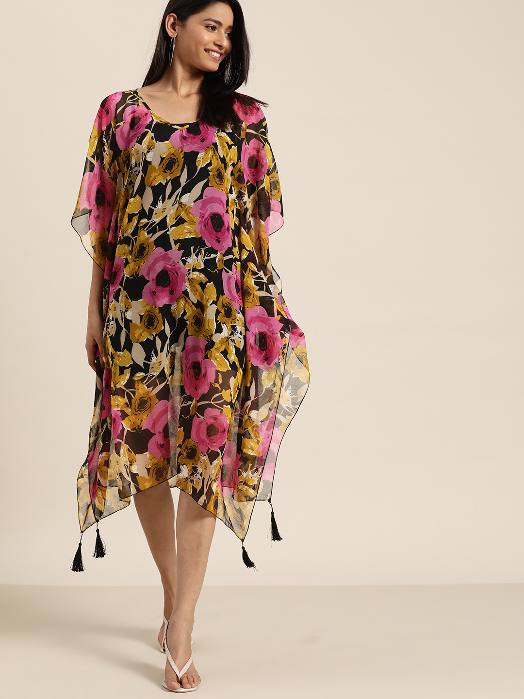 Qurvii Women Black & Mustard Yellow Sheer Floral Printed Asymmetric Kaftan Dress