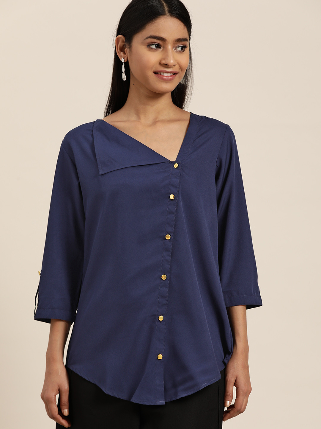 Qurvii Women Navy Blue Solid Roll-Up Sleeves Top