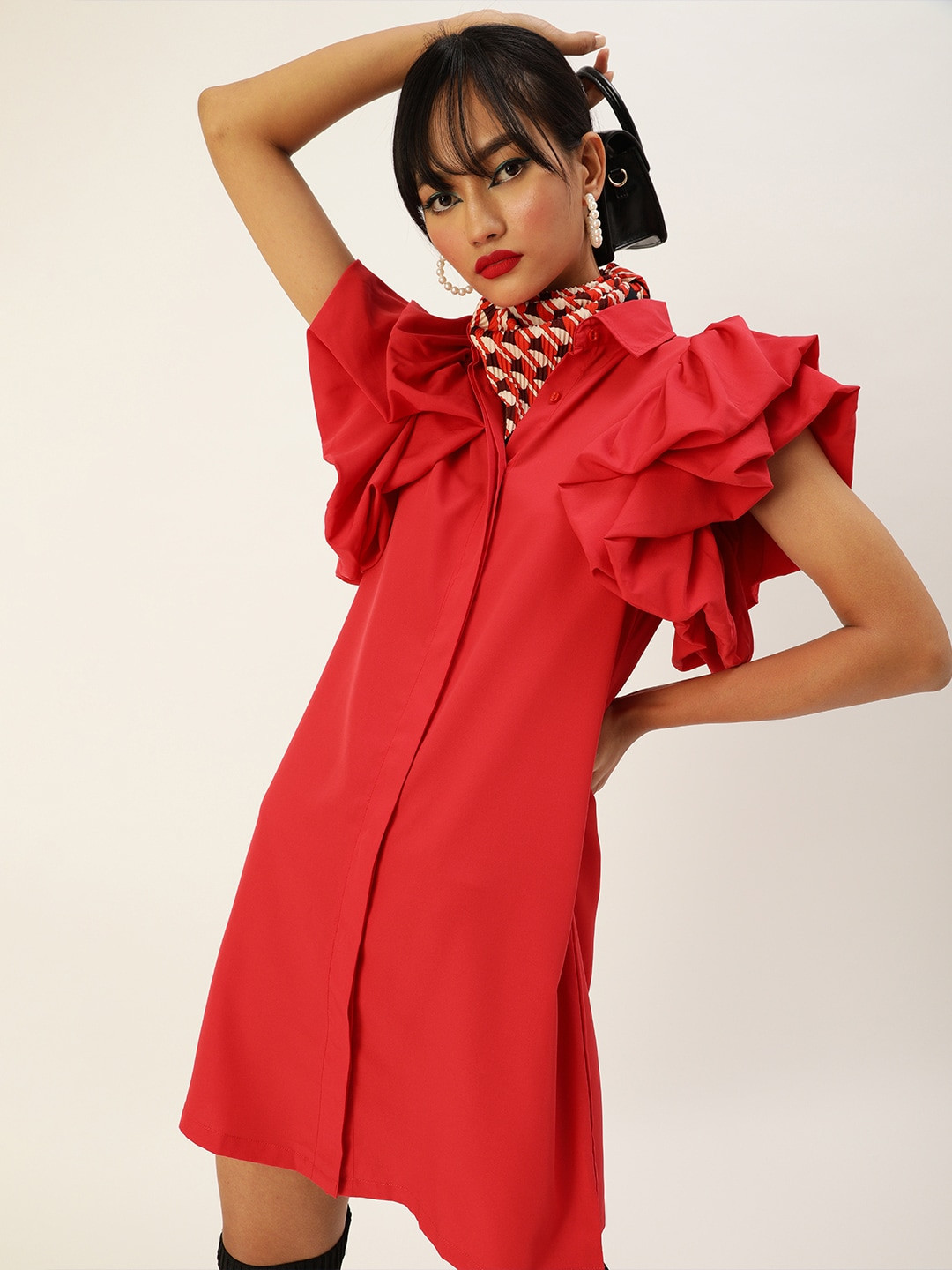 StyleStone Peppy Red Ruffled Sleeves Knee Length Shirt Dress