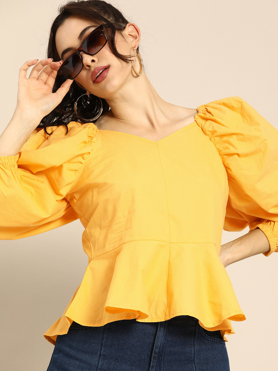 Athena Peppy Yellow Power Shoulders Peplum Top