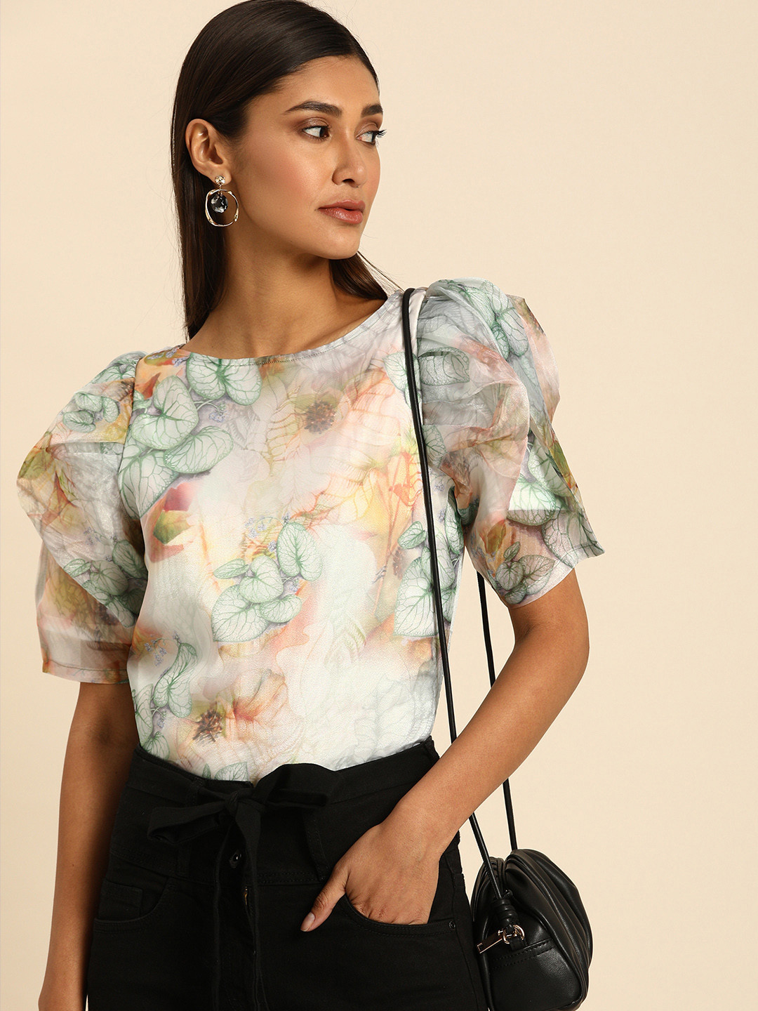 Athena Green and Multicoloured Floral Printed Power Shoulders Top