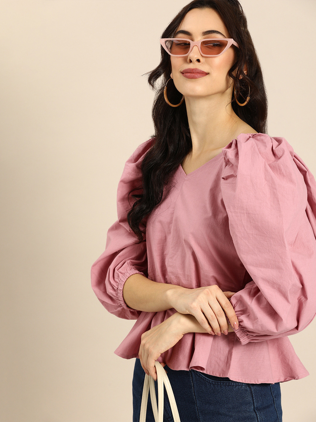 Athena Trendy Mauve Power Shoulders Peplum Top