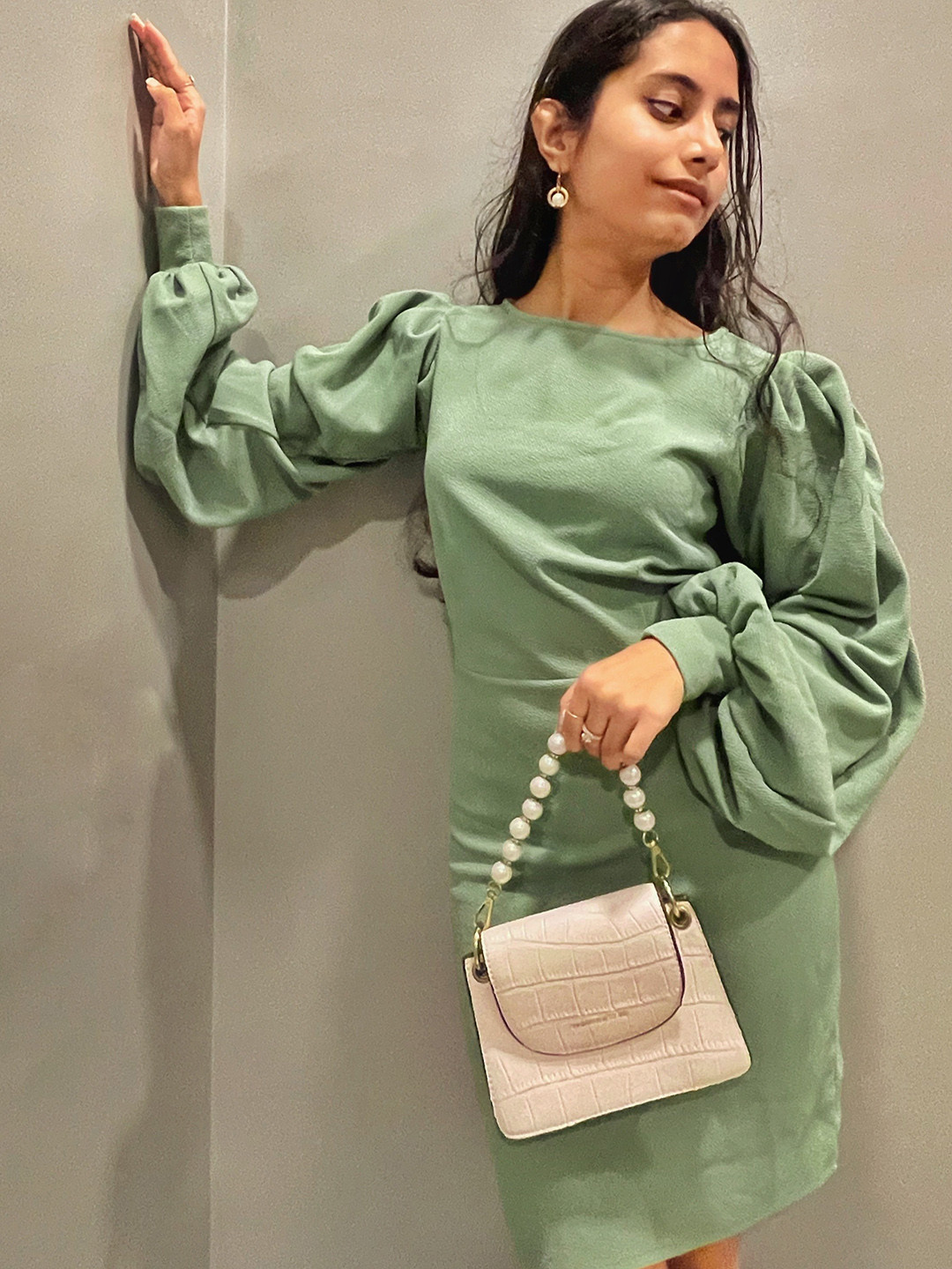 Athena Vintage Olive Green Puff Sleeves Bodycon Dress