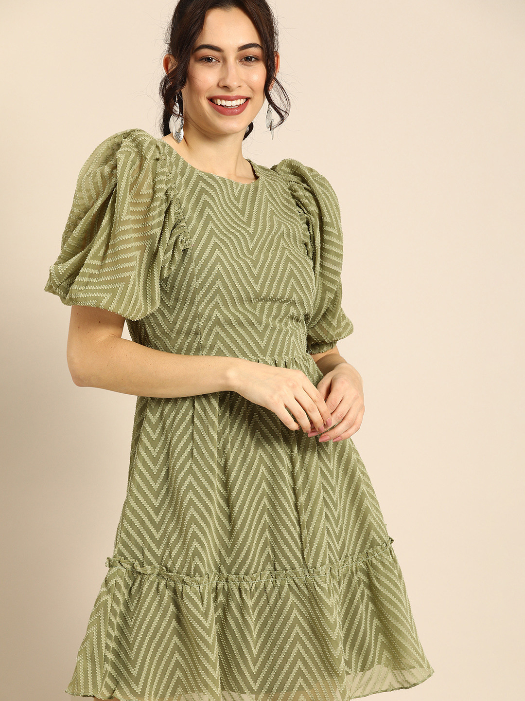 Athena Sage Green Dobby Pattern Geometric A-Line Dress